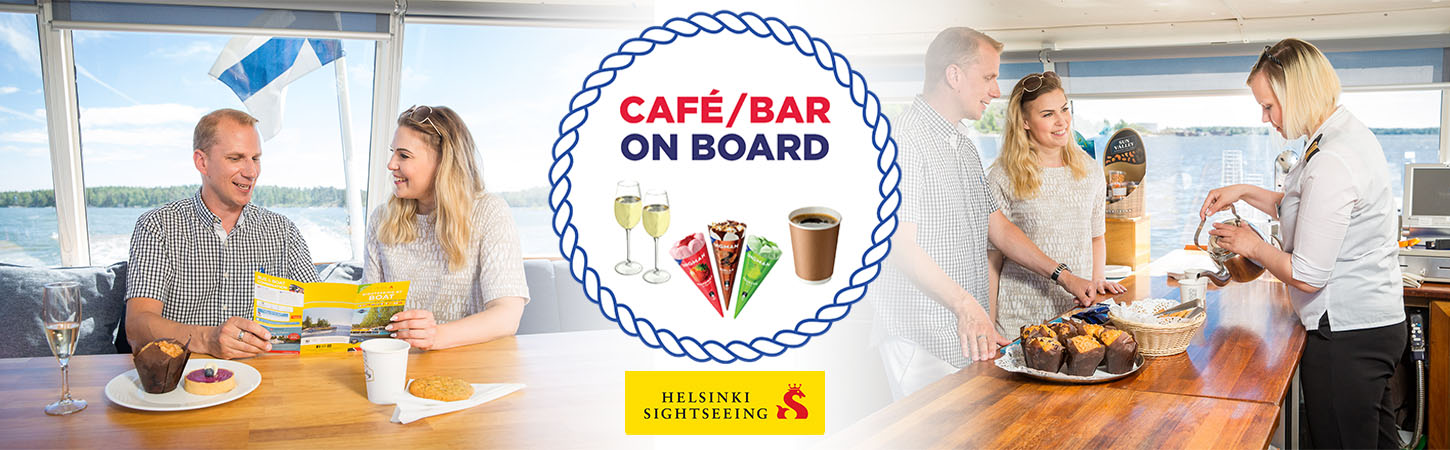 Kuvakollaasi, jossa kaksi sis&auml;tilakuvaa laivan kahvilasta ja Cafe Onboard ‑logo
