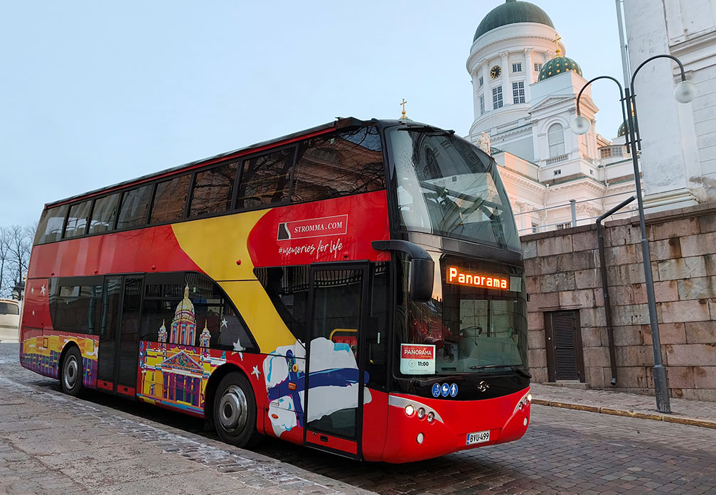 Helsinki Panorama Sightseeing tour bus at Senate Square departure point
